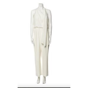 Halston Ivory Draped Halter Jumpsuit Size 4 Wide Leg Minimalist Evening Bridal